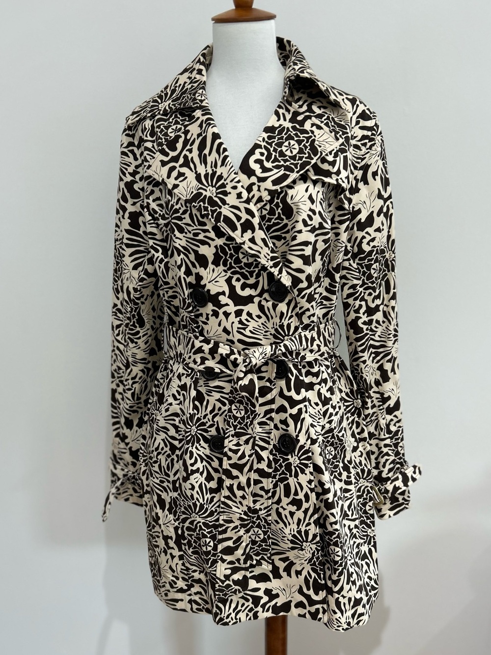 Vertigo Paris Double Breasted Floral Botanical Trench Coat Belted Jacket Size XL